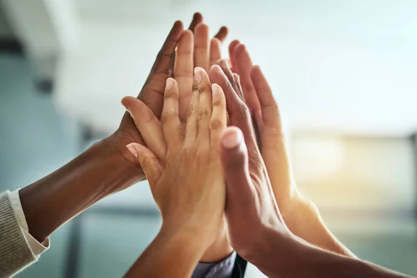 Hands Huddle High Five While Group Diverse Businesspeople Celebrate Motivate — Stock Photo, Image