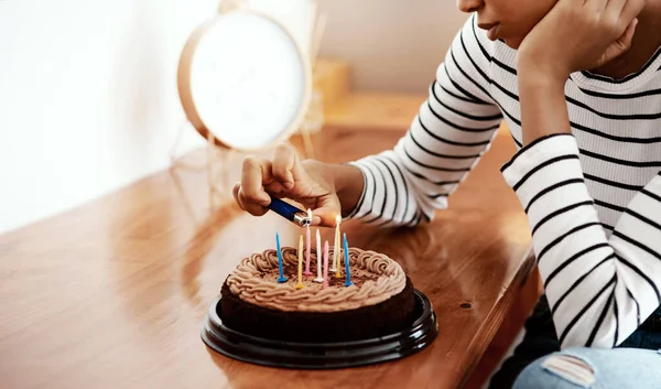 Everybody Forgot Birthday Woman Lighting Candles Birthday Cake Home Looking — 스톡 사진