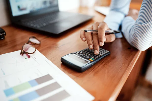 Your Finances Say Lot Your State Affairs Businesswoman Using Calculator — Stockfoto