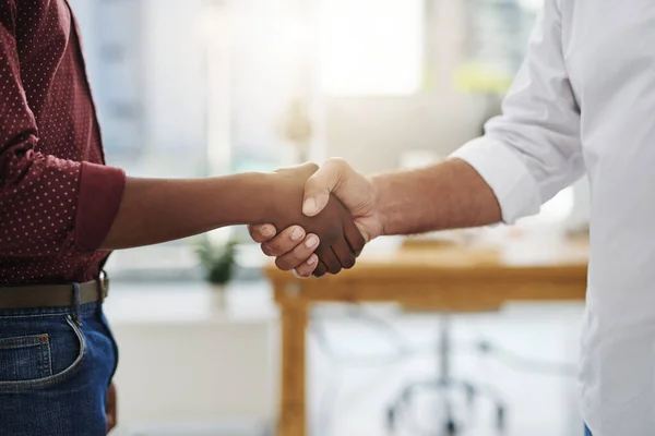 Handshake Agreement Meeting Business People Office Good Deal Closeup Diverse — Foto Stock