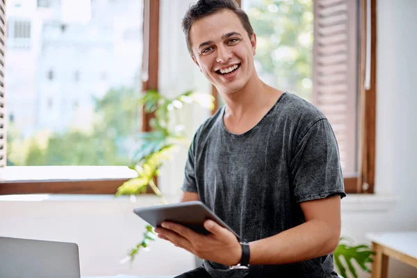 Career Aligned Passion Portrait Young Businessman Using Digital Tablet Office — Fotografia de Stock