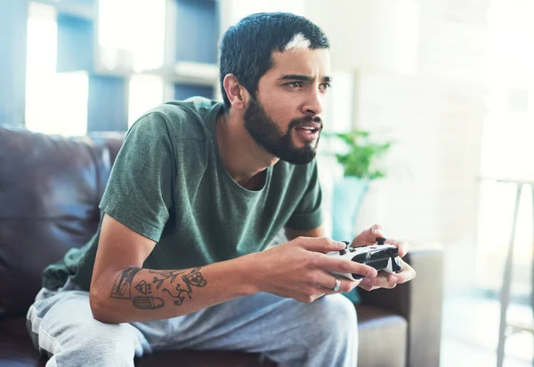 Playing Video Games Great Way Stress Young Man Sitting Couch — Stock Fotó