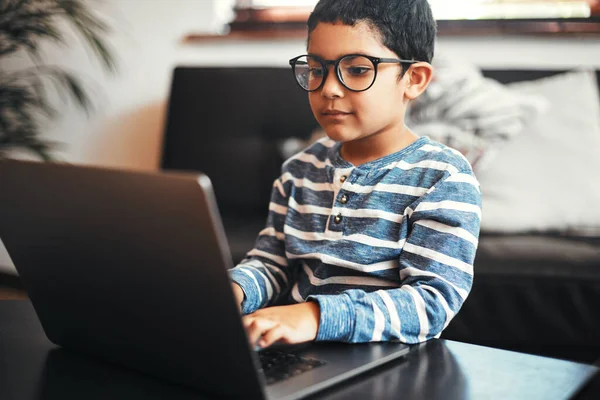 Growing Become One Smart Kid Adorable Little Boy Using Laptop — Fotografia de Stock