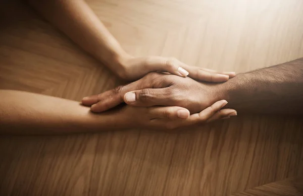 Love Support Care People Holding Hands Table Talking Bonding Showing — Foto Stock