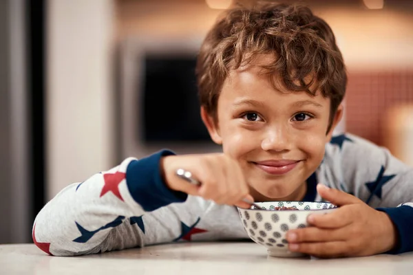 Breakfast Happiest Meal Day Young Boy Eating Cereal Home — Fotografia de Stock