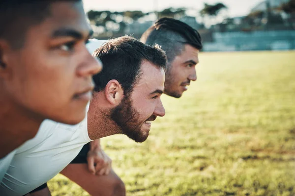 Winning Goal Group Three Young Rugby Players Lining Scrum Field — Zdjęcie stockowe