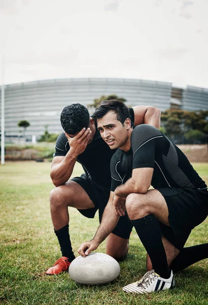 Didnt Well Two Handsome Young Rugby Players Looking Upset Field — Fotografia de Stock