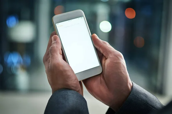 White Blank Phone Screen Copyspace Male Hands Holding Mobile Man — Stockfoto