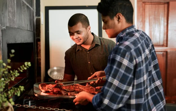 Chilling Grilling Together Two Young Men Grilling Meat While Having — Fotografia de Stock