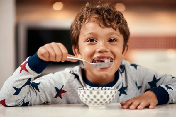 Breakfast Fuels Mind Young Boy Eating Cereal Home — Fotografia de Stock