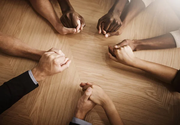 Group Diverse Business People Holding Hands Together Solidarity Table Colleagues — Stockfoto