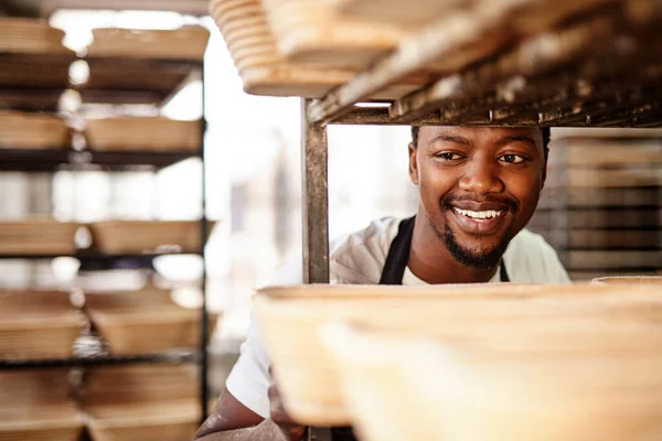 Nothing Makes Happier Baking Male Baker Pushing Baking Trolley —  Fotos de Stock