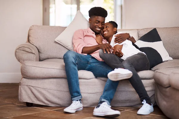 Have You All Myself Today Happy Young Couple Relaxing Sofa — Stok fotoğraf