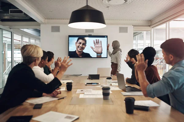 Team Group Business Colleagues Gathered Boardroom Video Conference — ストック写真