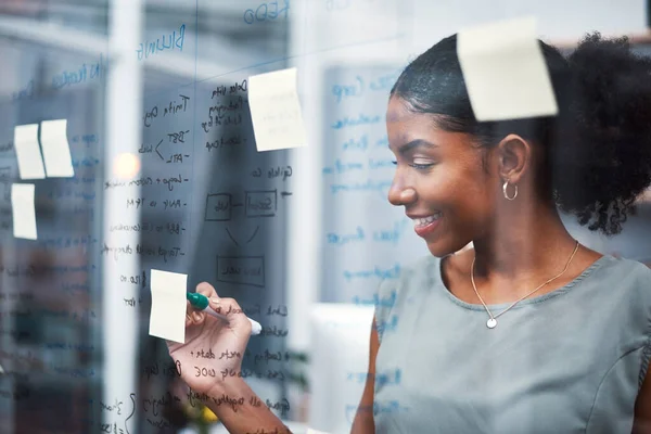 Happy Inspired Confident Business Woman Brainstorming Ideas Writing Transparent Glass — Fotografia de Stock