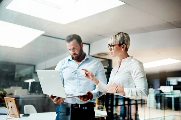 This looks like something we could work with. two businesspeople working together on a laptop in an office