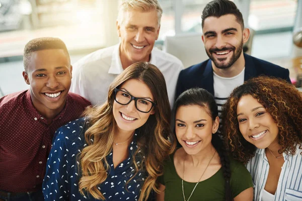 Teamwork Smiling Diverse Workers Standing Together Creative Workplace Portrait Group — Foto Stock