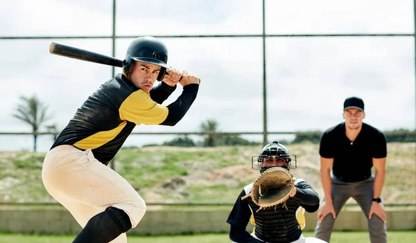 Holding Bat Pro Handsome Young Baseball Player Preparing Bat Ball — Stock Fotó