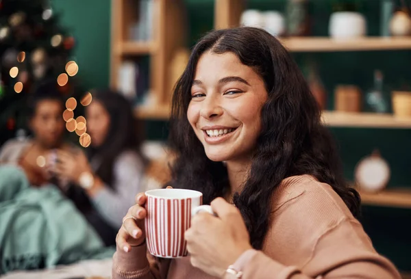 Christmas Cosiest Times Year Beautiful Young Woman Enjoying Warm Beverage — Stok fotoğraf