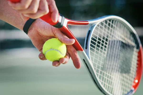 Ready Serve Unrecognizable Sportsman Holding Tennis Ball His Racket While — 스톡 사진