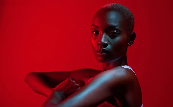 Enough You Red Filtered Shot Beautiful Young Woman Posing Studio — Stockfoto