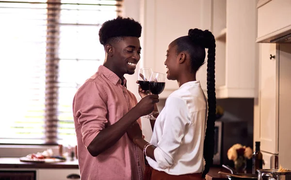 Romance Cute Thing Affectionate Young Couple Drinking Wine Together Kitchen — Photo