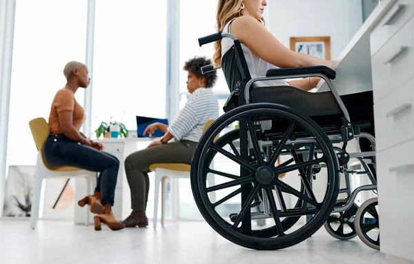 Were All Big Part Companys Success Woman Wheelchair Working Coworking — Zdjęcie stockowe