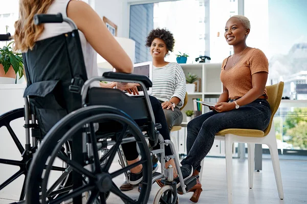 Theyre Working Hard Grow Brand Businesswoman Disabilities Sitting Colleagues Office — Zdjęcie stockowe