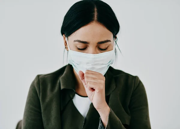 Cough Something More Serious Young Woman Coughing Wearing Mask Studio — Fotografia de Stock