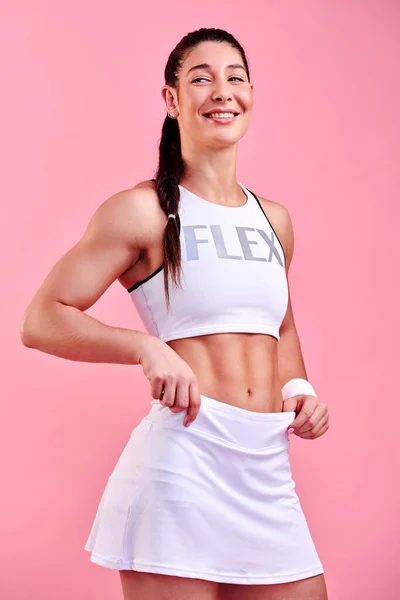 Staying Tiptop Shape Studio Shot Sporty Young Woman Posing Pink — Stockfoto