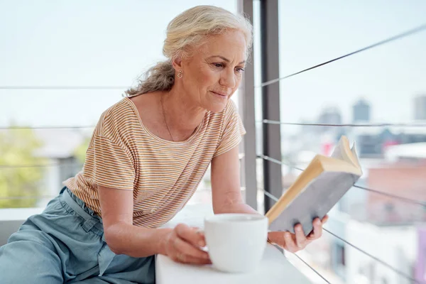 Books Treasure Chest Knowledge Mature Woman Reading Book Having Coffee — Fotografia de Stock