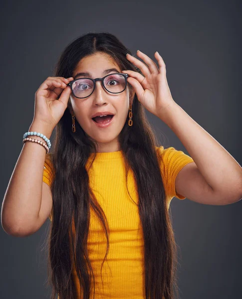 Dare Yourself Cropped Portrait Attractive Teenage Girl Wearing Glasses Feeling — Stok Foto