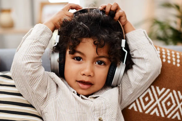 Having Jam Packed Day Portrait Adorable Little Boy Listening Music — Zdjęcie stockowe