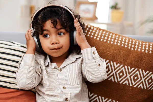 Know Good Song Hear One Adorable Little Boy Listening Music — Zdjęcie stockowe