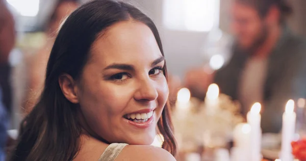 One Throws Party Portrait Young Woman Having Dinner Party Friends — Photo