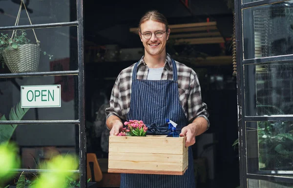 Ready Business Cropped Portrait Handsome Young Business Owner Holding Crate — Foto de Stock