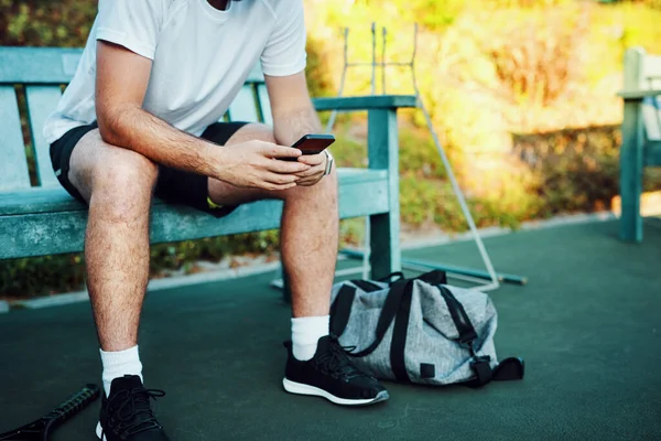 Connectivity Courts Closeup Shot Unrecognisable Man Using Cellphone While Sitting — Foto de Stock