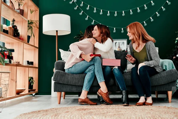 You Best Three Attractive Middle Aged Women Opening Presents Together — Stok fotoğraf