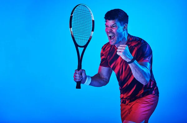 Love Sport Blue Filtered Shot Man Posing Tennis Racket Studio — Stockfoto