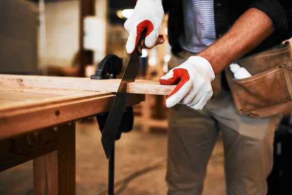 Make Sure Youre Always Cutting Straight Line Unrecognizable Carpenter Cutting — Stockfoto