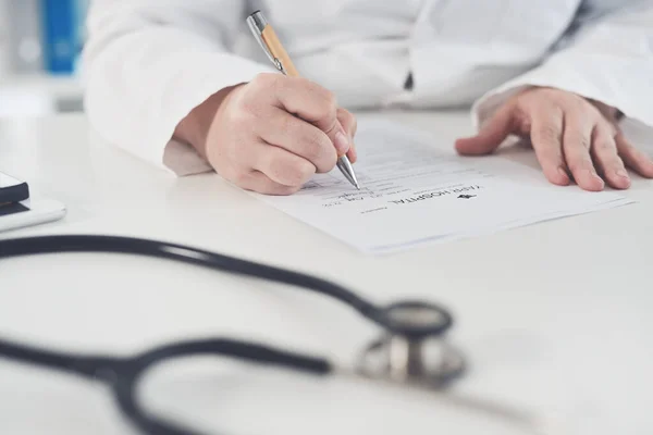 Your Report Almost Ready Unrecognizable Female Doctor Writing Document While — Photo