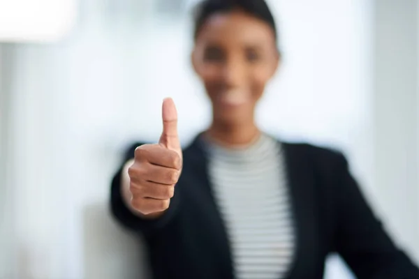Were All Good Defocused Shot Young Businesswoman Posing Her Thumbs — Stok fotoğraf