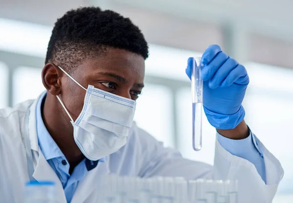 Has All Come Unrecognizable Male Scientist Holding Test Tube Examines — Stockfoto