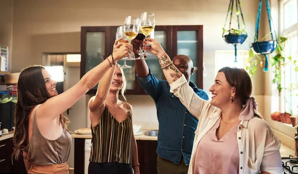 Raise Your Glasses Group Cheerful Young Friends Having Celebratory Toast — 图库照片