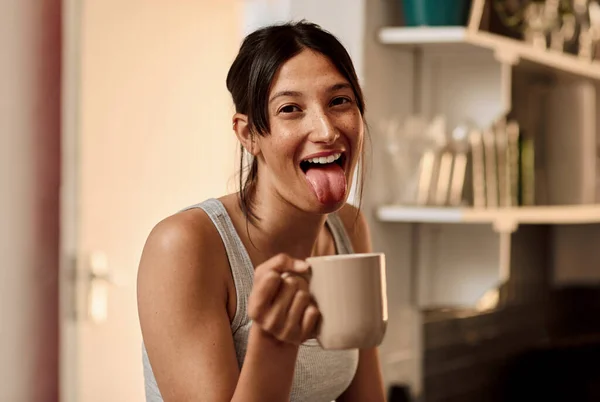 Caffeine Kicks Young Woman Enjoying Playful Moment While Having Cup — Stok fotoğraf