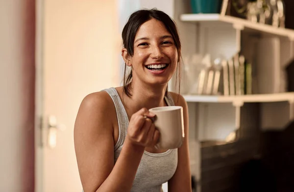 Lets Get Day Started First Coffee Young Woman Enjoying Cup — Stok fotoğraf