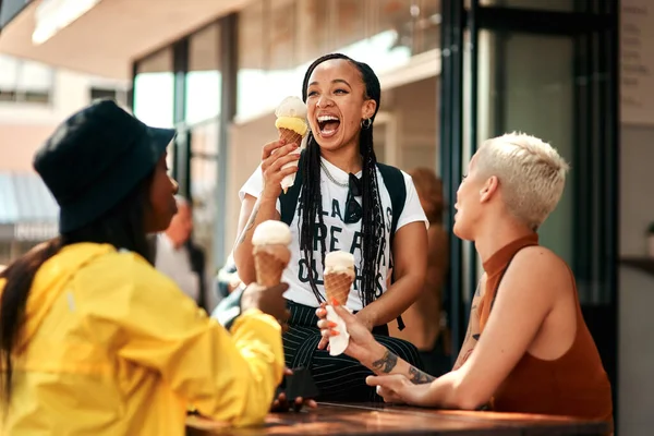 Never Say Getting Ice Cream Three Friends Enjoying Ice Cream — Stock Fotó