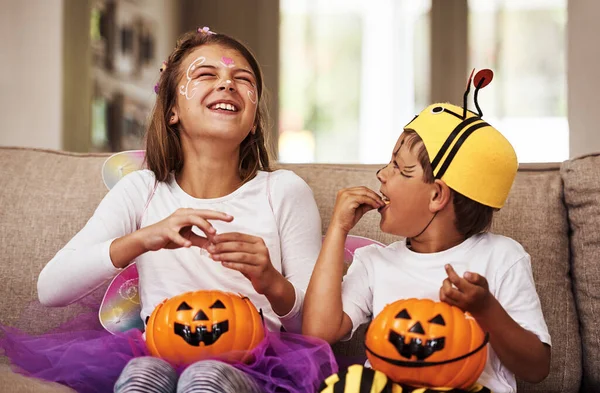 Got Much Candy Young Brother Sister Eating Halloween Candy While — 图库照片