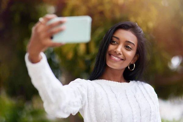 Ahead Change World Your Smile Young Woman Taking Selfie While — Foto de Stock