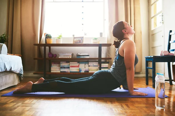 Opening Chest Attractive Young Woman Sitting Holding Cobra Pose While — Stockfoto